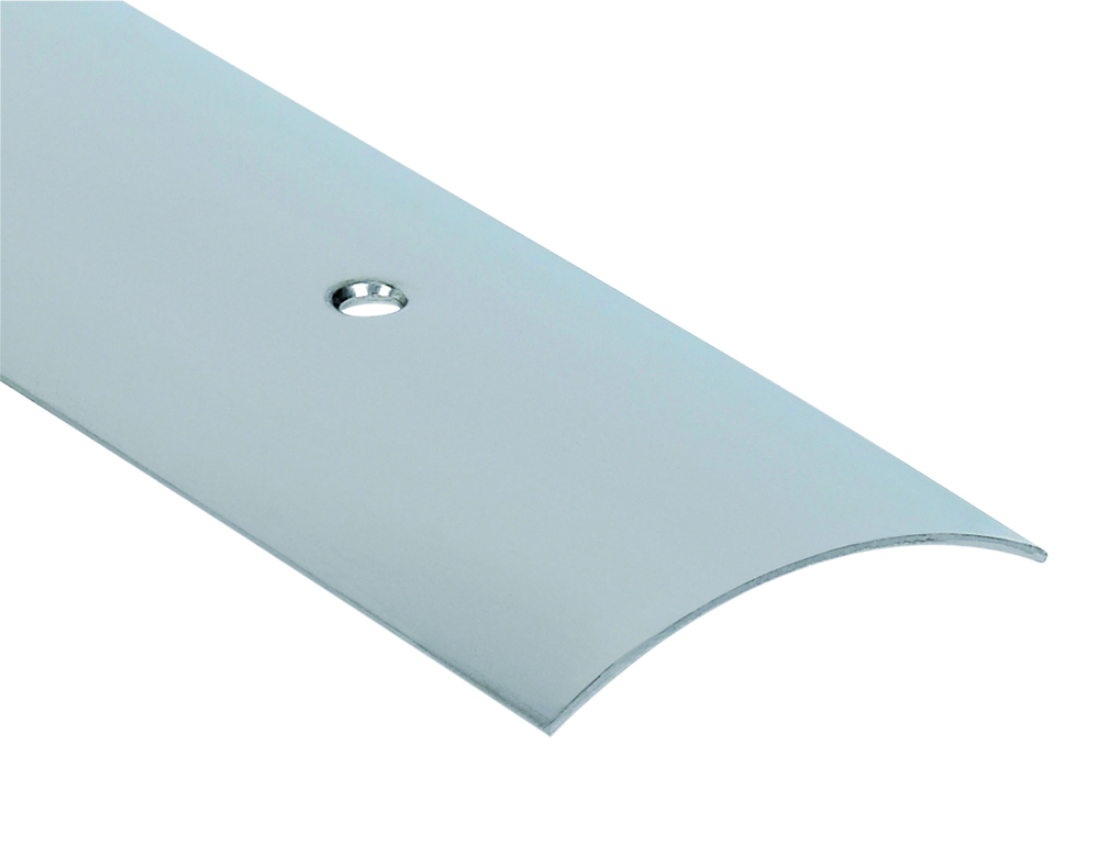 Seuil demi-bombé percé en inox 30mm pour jonction de revêtements de sol, fixation visible.