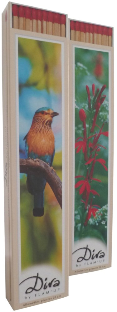 Boîte de 20 allumettes géantes Diva en bois avec grattoir pour allumer cheminée ou barbecue.