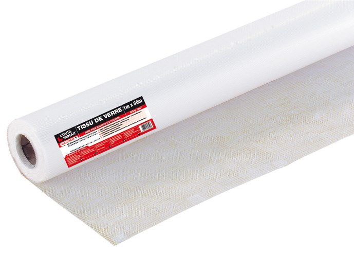 Tissu de verre renforcé 0.10 x 25 épaisseur 20/100 mm en rouleau, pour le renfort des enduits et mastics en bricolage.