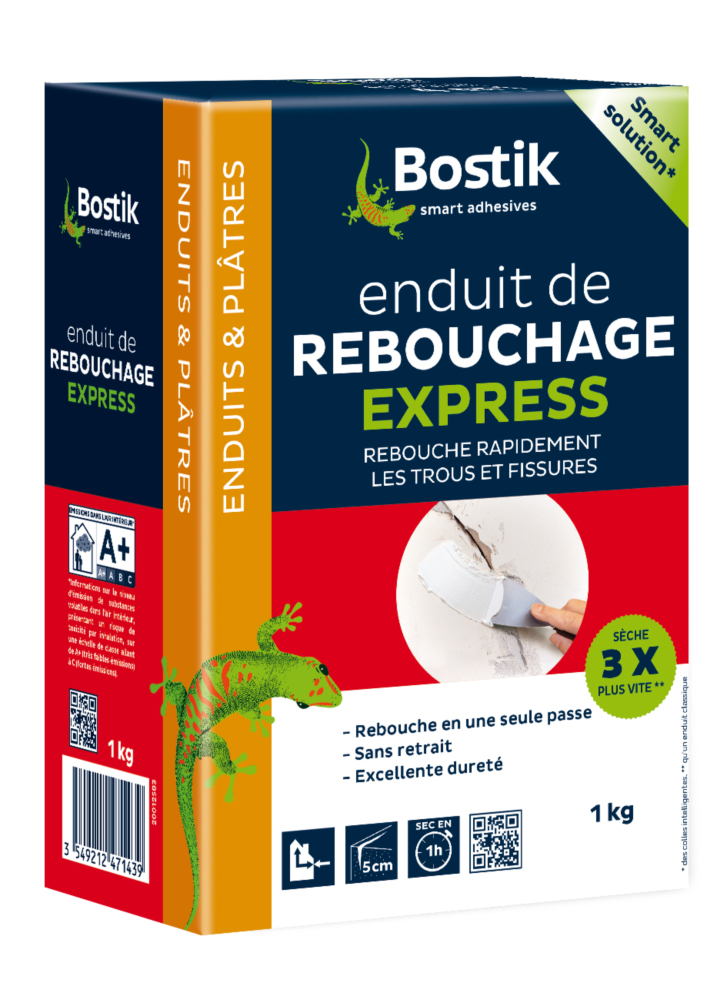 Enduit de rebouchage Express Poudre 1 kg en sachet, idéal pour combler trous et fissures en intérieur.