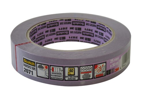 Ruban de masquage violet pour surfaces délicates, 24mm de large et 50m de long, offrant un retrait propre sans résidus.