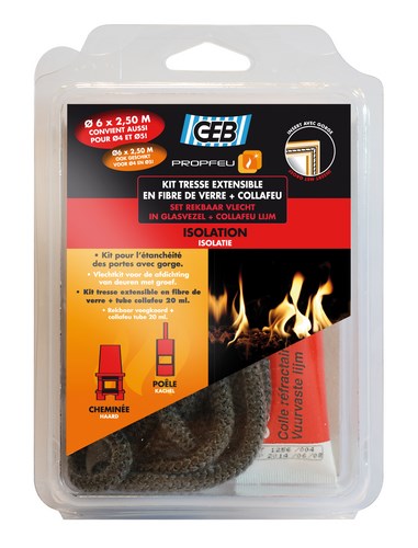 Kit Propfeu tresse en fibre de verre extensible blanche 8 mm x 2.5 m avec colle Collafeu 20 ml pour l'étanchéité et l'isolation thermique.