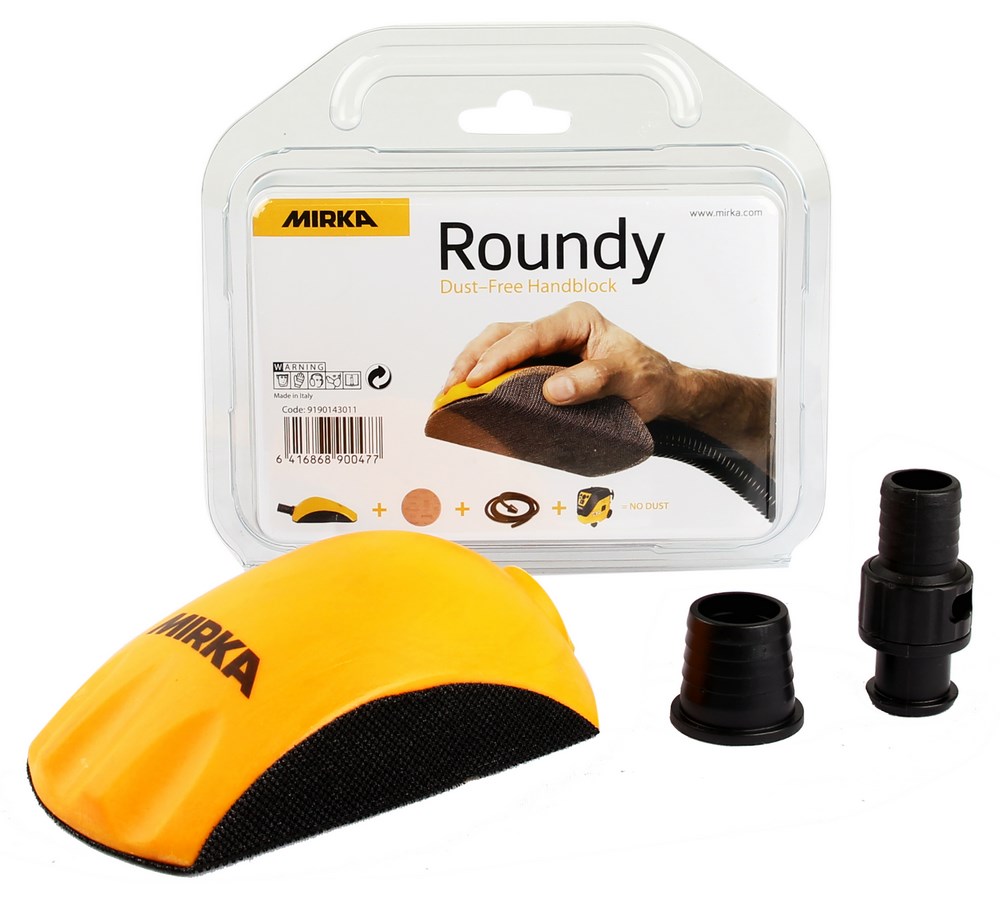 Cale aspirante auto-agrippante Roundy Ø150mm pour ponceuse professionnelle, avec multiples perforations pour l'extraction de poussière et fixation rapide des disques abrasifs.