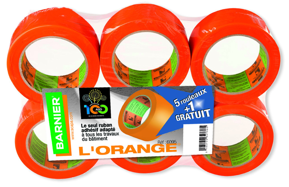 Ruban adhésif multi-usages orange 75 mm x 33 m, lot de 5 + 1 rouleaux résistants pour fixation et masquage.