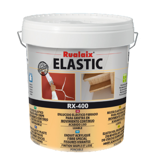 Enduit-mastic fibré RX-400 Elastic Fibré spécial fissures vivantes, seau de 15 kg pour murs extérieurs.