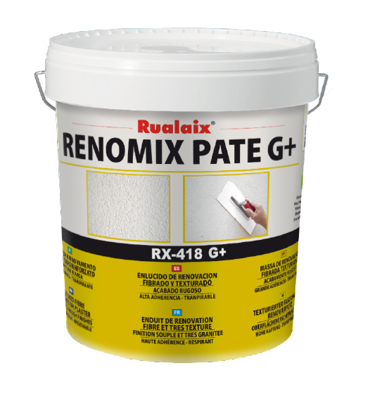 Enduit garnissant et de lissage Renomix Pâte G+ RX-418G+ pour façade, fibré et granité, en seau de 15 kg.