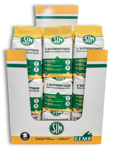 Box de 27 sacs d'enduit de rebouchage cellulosique l'Authentique en poudre de 5 kg, pour usage intérieur et multi-usages.
