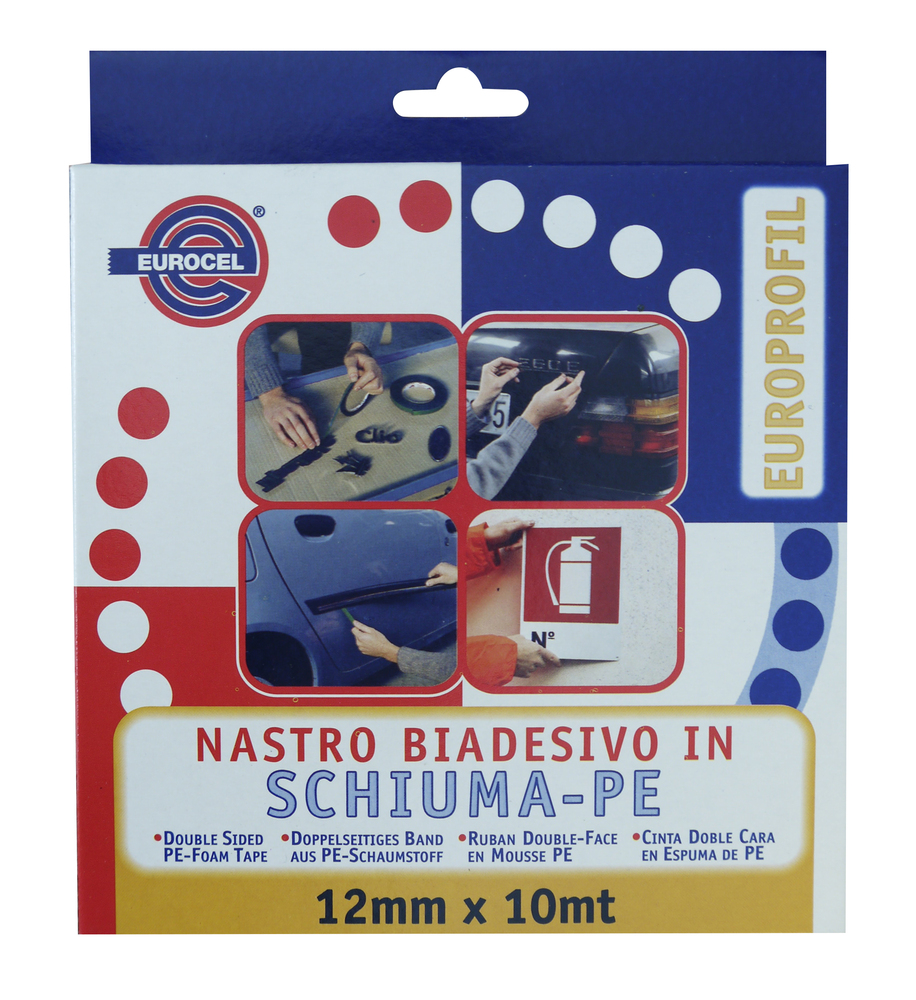 Mousse adhésive double face noire en rouleau de 12 mm x 10 m pour fixation sol et mur.