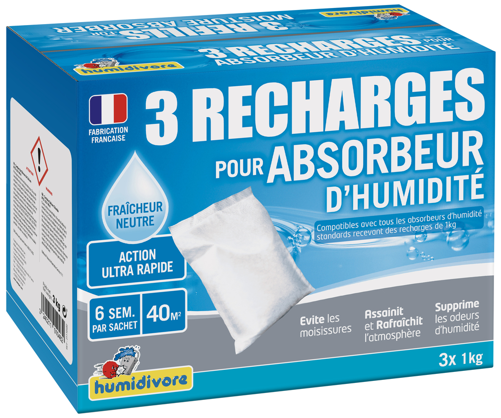 Lot de 3 recharges d'absorbeur d'humidité Humidivore 1 kg neutre