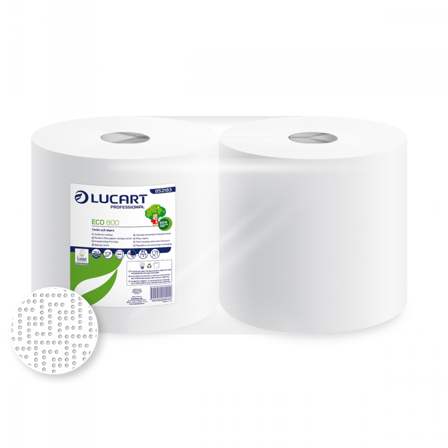 Lot de 2 bobines d'essuyage blanches Eco de 800 feuilles, papier ménager très absorbant et résistant.