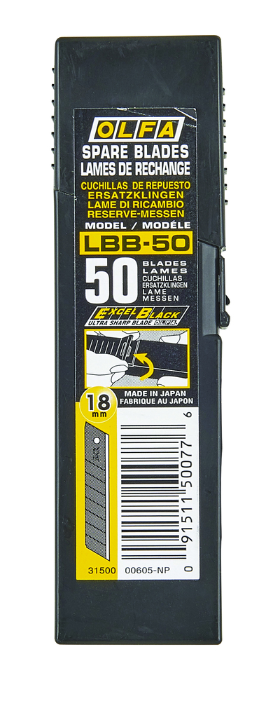 Lames de cutter Olfa LBB 50 noires 18 mm, lot de 50, ultra-tranchantes