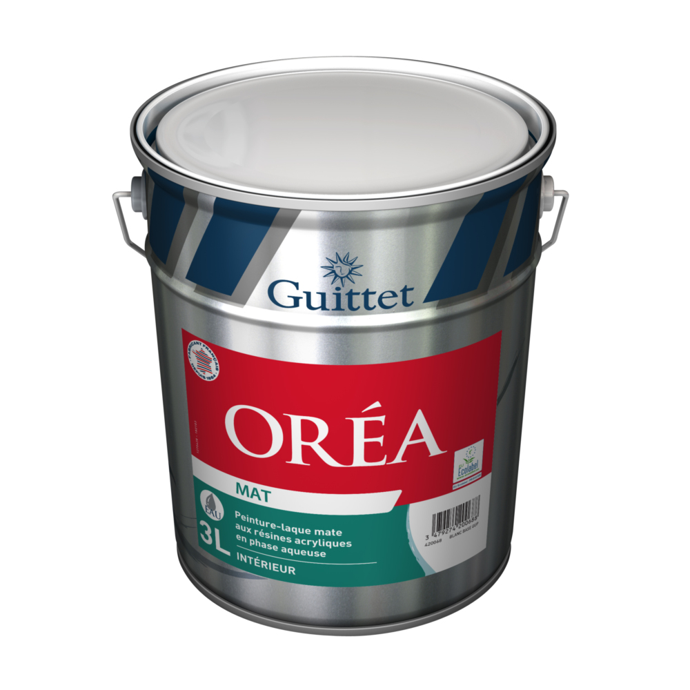 Pot de laque de peinture Oréa Mat finition mate lessivable et haute résistance pour murs intérieurs.