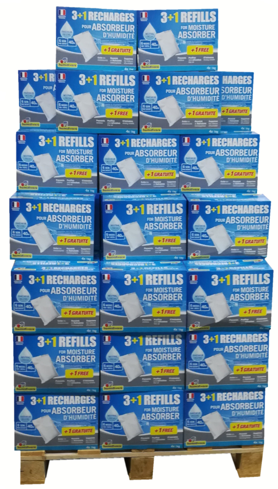 Box de 60 recharges classiques Humidivore Neutre pour absorbeur d'humidité, pack promotionnel 4 x 1 kg dont 1 gratuit pour assainir l'air ambiant.