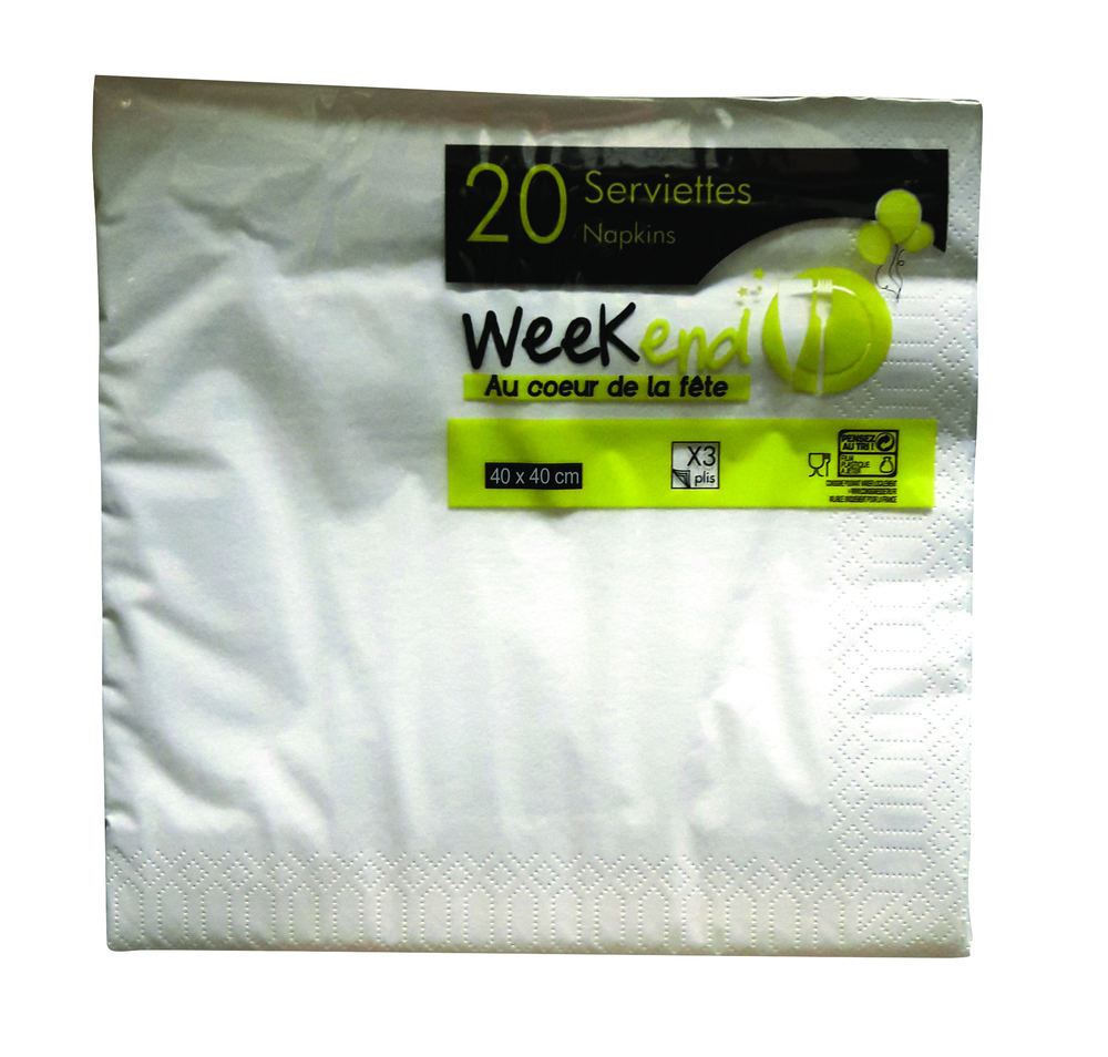 Lot de 20 serviettes en papier blanches 3 plis 40x40 cm pour la table