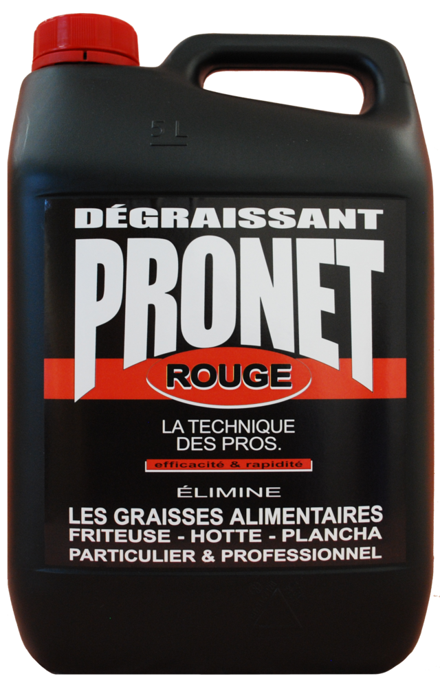 Bidon de dégraissant alimentaire rouge 5L pour le nettoyage et l'hygiène des surfaces de cuisine professionnelles.