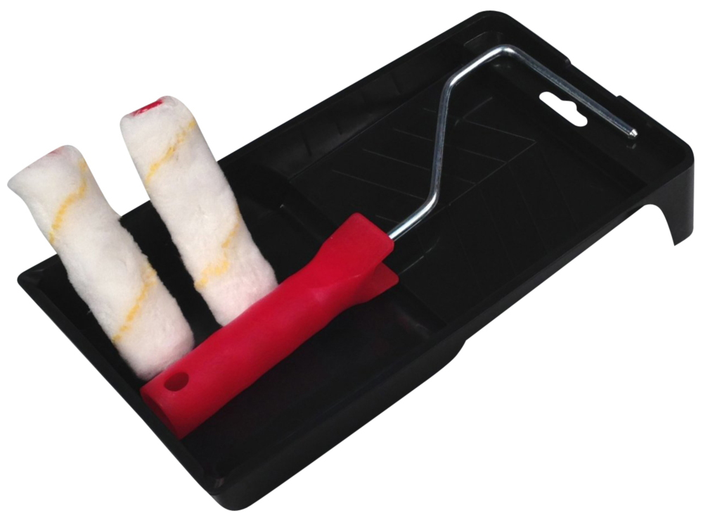 Lot d'outillage de peintre 4 pièces : bac, monture et 2 mini rouleaux de 100mm pour surfaces étroites