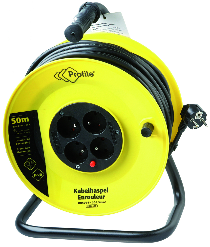 Enrouleur électrique avec câble 3G1.5 PVC de 50 mètres, 4 prises et protection thermique