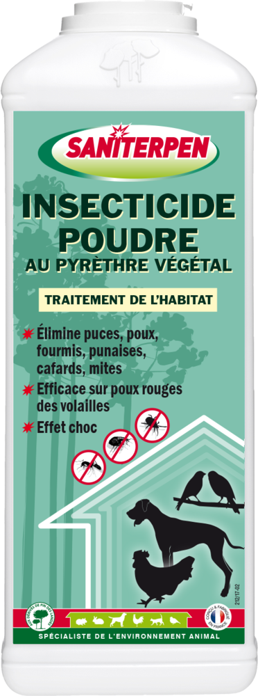 Insecticide Saniterpen Poudre au Pyrèthre Végétal Boite de 500g, efficace contre tous insectes pour le jardin et la maison.