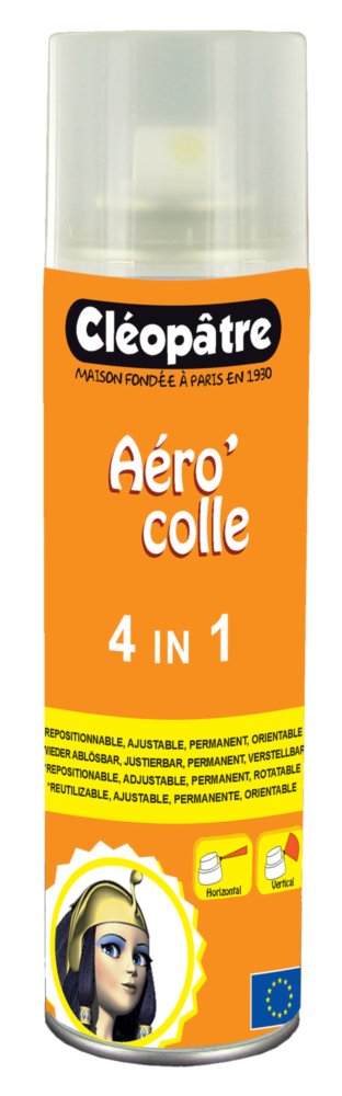 Bombe aérosol de colle Cléopâtre Aéro'Colle 4 en 1 de 250 ml pour loisirs créatifs, fixation permanente ou repositionnable.