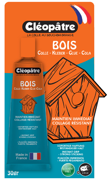Colle à bois Cléopâtre Cléo'Tech tube 30g sous blister, idéale pour loisirs créatifs, assemblage précis et prise rapide.