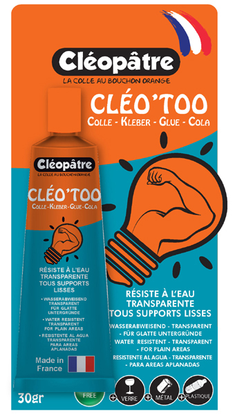 Colle Cléopâtre Cléo'too Cléo'Tech en tube de 30 g sous blister, idéale pour les loisirs créatifs et multi-matériaux.