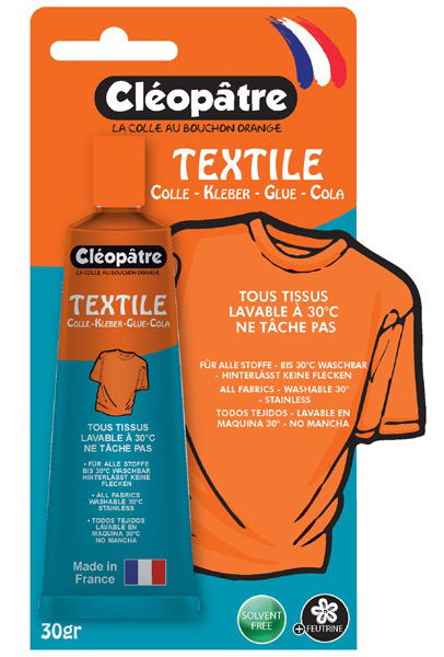 Colle textile Cléopâtre Cléo'Tech en tube de 30g sous blister, forte et lavable pour loisirs créatifs
