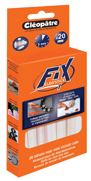 Bâtonnets de colle universelle Cléo'Stick transparents pour mini pistolet, boîte de 20 sticks.