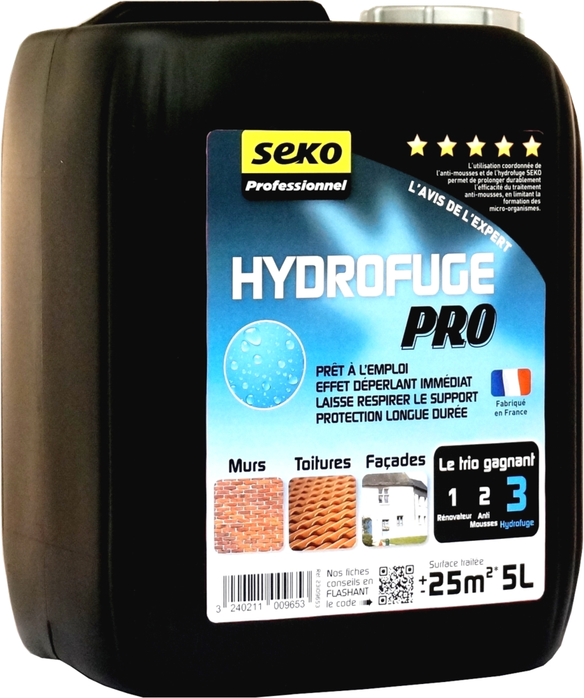 Bidon de Seko Hydrofuge Pro 5L, produit d'étanchéité liquide imperméabilisant pour murs et façades.