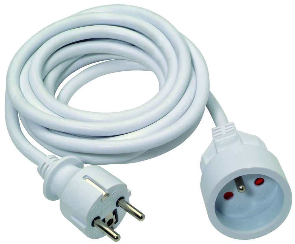 Rallonge électrique blanche de 3 mètres 3G 1.50 mm² en PVC, avec fiche mâle et prise femelle.
