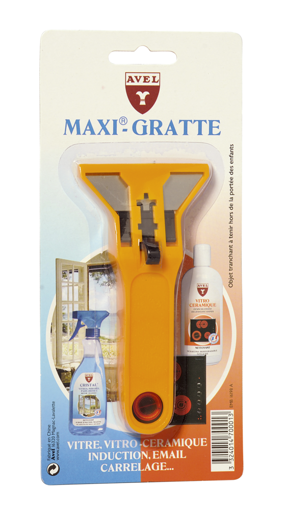 Grattoir Maxi Gratte efficace pour le nettoyage des hottes, fours et plaques de cuisson, avec poignée ergonomique