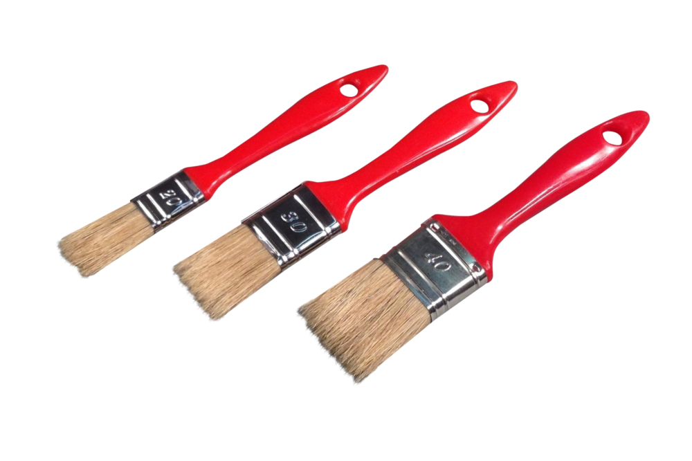Lot de 3 pinceaux plats pour peintre, largeurs 20, 30 et 40 mm, avec manches en bois.