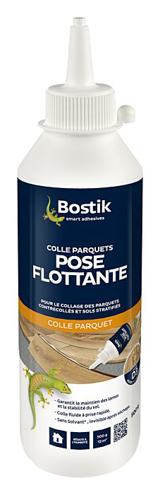 Colle parquets pour pose flottante en biberon de 500 g pour une application précise et une fixation durable.