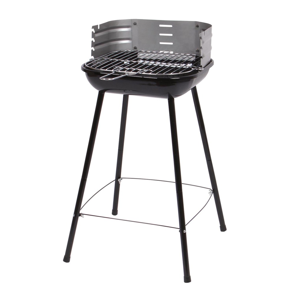 Barbecue et plancha Andalucia en acier noir, sur roulettes avec tablette latérale, fonctionnant au charbon de bois.