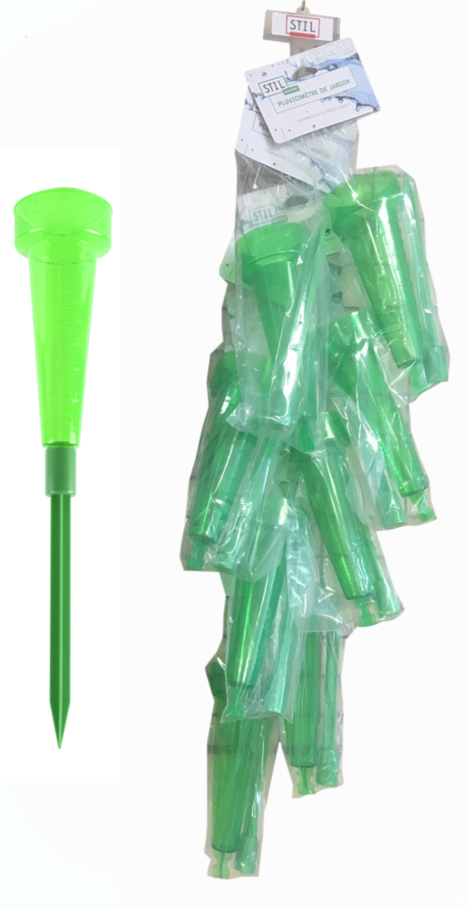 Lot de 8 pluviomètres sur pied, capacité de 40 mm d'eau par m², avec bande de lecture Cross pour un suivi précis des précipitations au jardin.