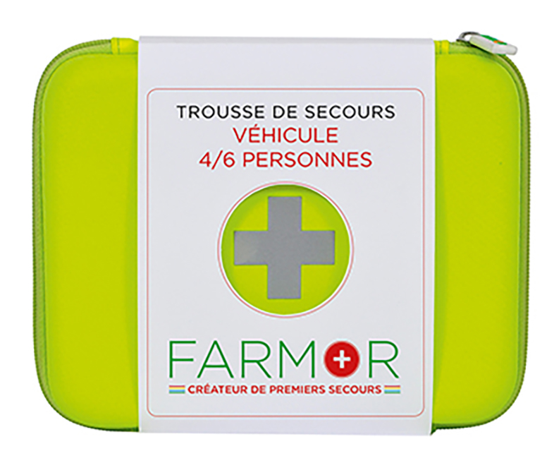 Trousse de secours compacte pour véhicule, adaptée 4 à 6 personnes, avec matériel de premiers soins d'urgence.