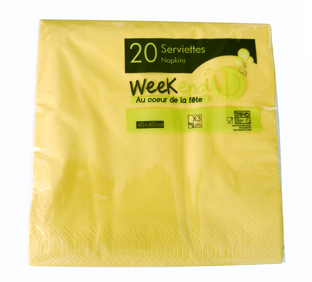 20 serviettes de table en papier jaunes 3 plis de 40x40 cm, jetables