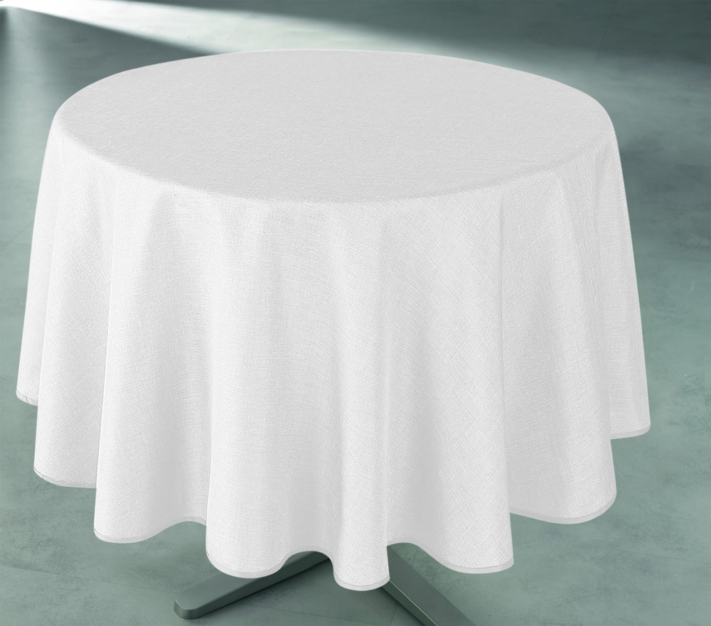 Nappe ronde en polyester de 160 cm de diamètre, couleur blanc immaculé avec tissage fin, présentée sur cintre.