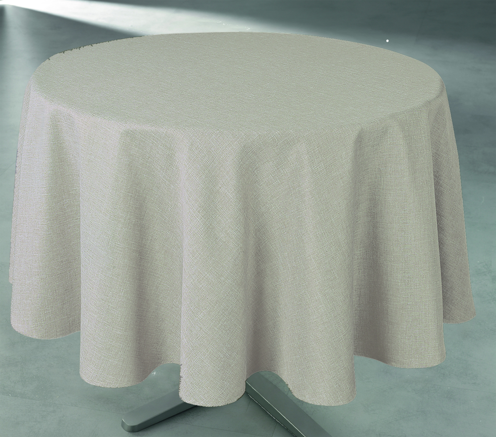 Nappe ronde en polyester beige de 160 cm de diamètre avec tissage effet lin, présentée sur cintre.