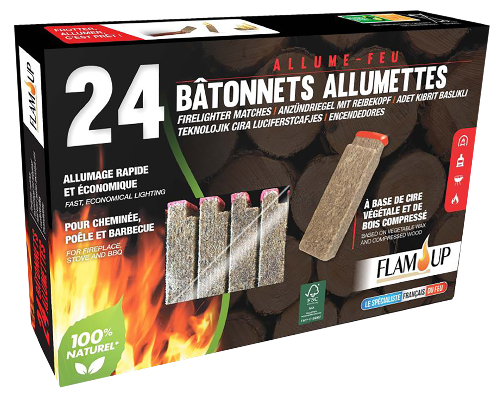 Allume-feu 100% naturel 24 bâtonnets allumettes pour barbecue et cheminée