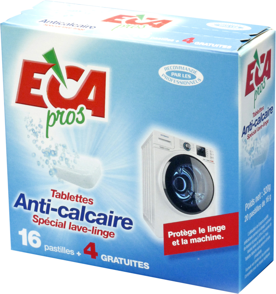 Pastilles anti-calcaire pour lave-linge, pack promotionnel 16+4 gratuites, pour l'entretien et la protection de la machine.