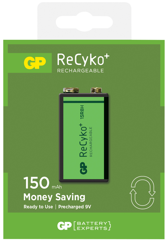 Pile rechargeable GP Recyko 9V économique présentée en blister individuel, offrant une longue durée de vie.
