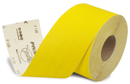Rouleau abrasif Oxajaune PU416 jaune, 120 mm x 50 m, pour ponçage de surfaces.