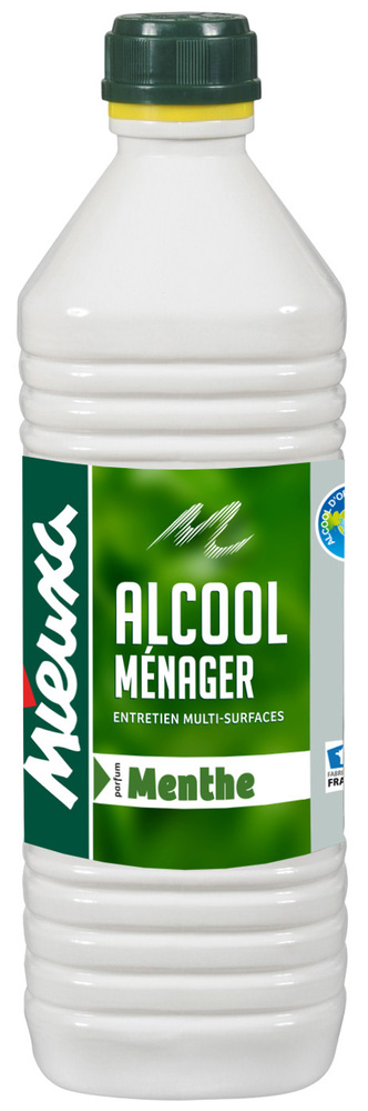Flacon d'alcool ménager parfumé à la menthe, 1L, idéal pour nettoyer et désodoriser toutes surfaces.