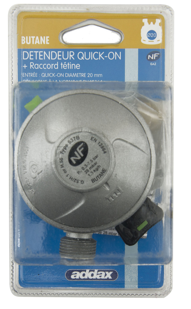 Détendeur gaz butane QUICK-ON avec tétine diamètre Ø20, certifié NF GAZ pour raccordement rapide.