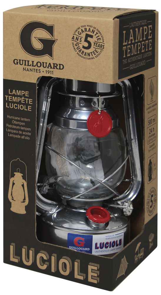 Lampe tempête Luciole en métal avec anse et globe en verre, pour bougie d'extérieur.