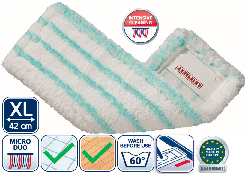 Housse de rechange pour balai à plat Profi XL Micro Duo Pliée, en microfibre blanche et bleue, idéale pour tous types de sols.