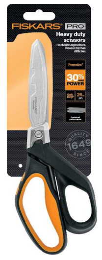 Ciseaux PowerArc 26 cm pour tâches difficiles avec lames en acier inoxydable, présentés sur carte