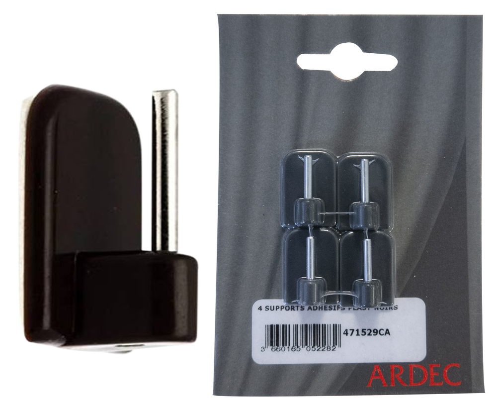 Supports adhésifs plastique noir carte de 4 pour tringles et accessoires rideaux sans perçage