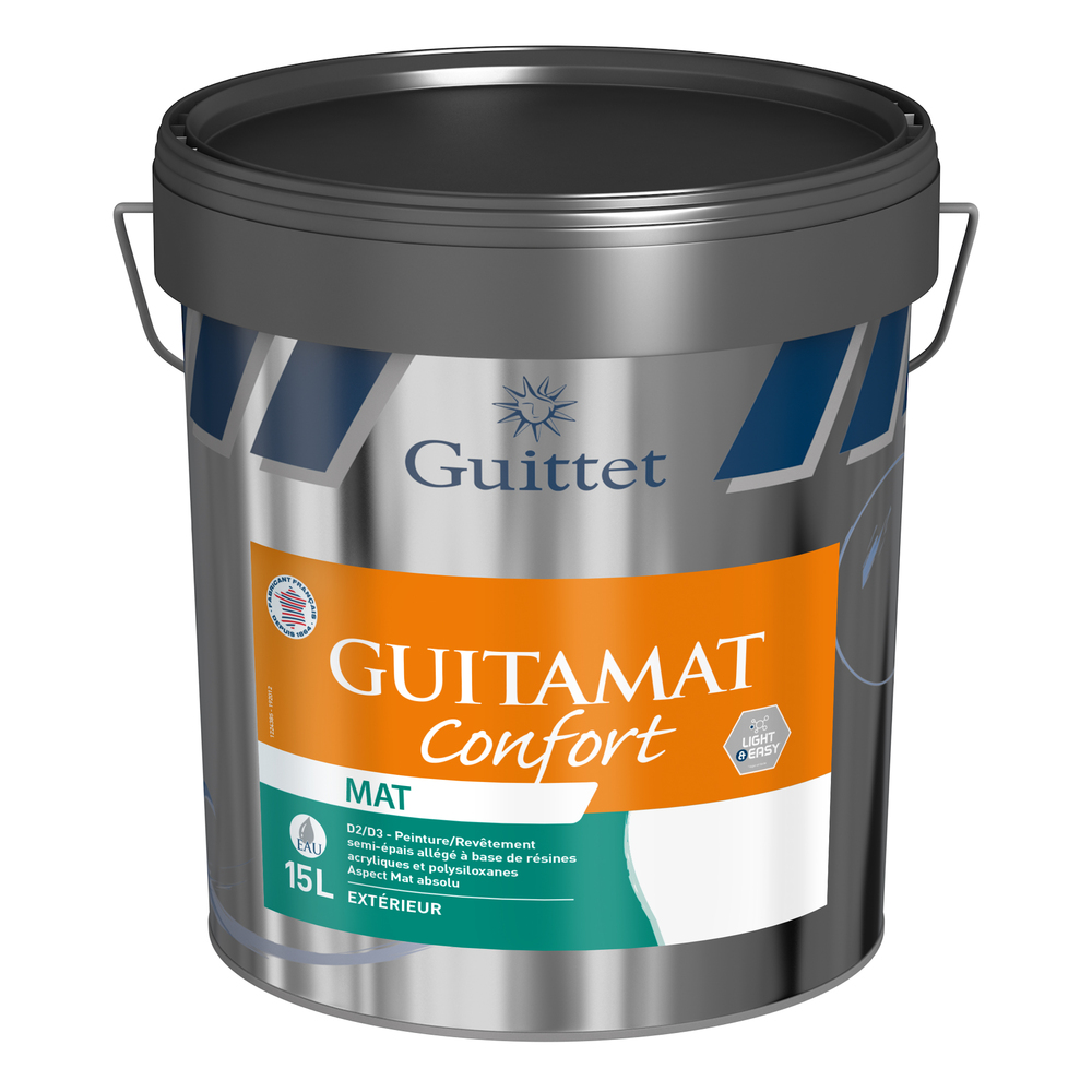 Peinture de finition semi-épaisse D3 pour façade Guitamat Confort 15L, coloris blanc mat, idéale pour une haute couvrance.