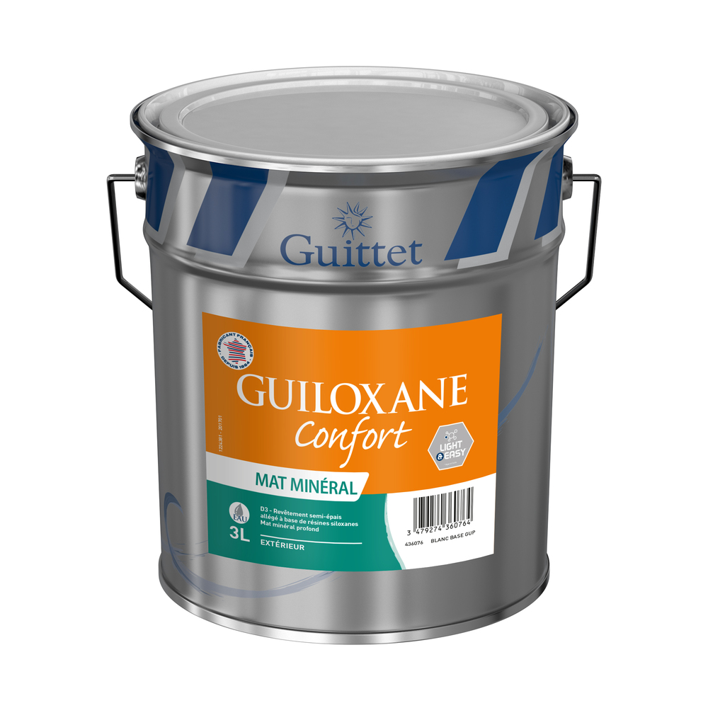 Seau de peinture Guiloxane D3 Confort, finition semi-épaisse D3 pour façades, protection durable